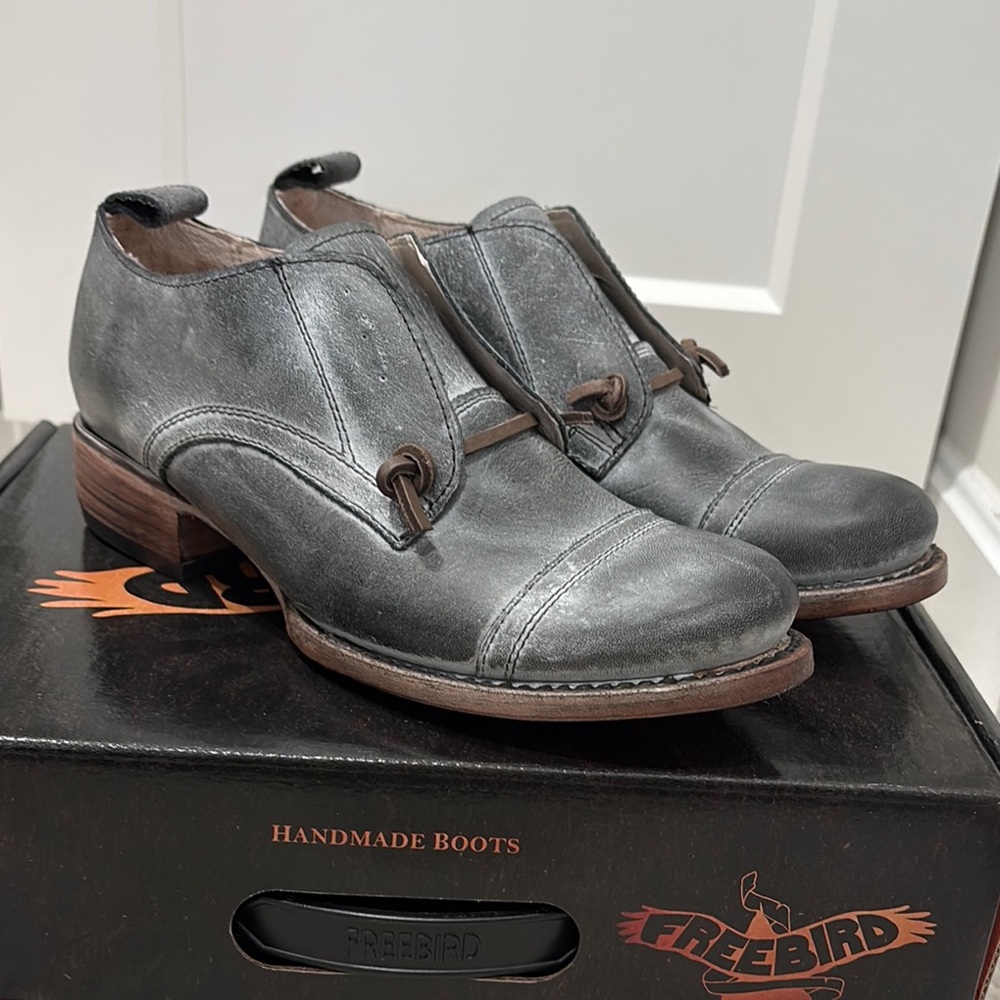 Freebird Gray Boots with Distressed Leather and Unique Closure